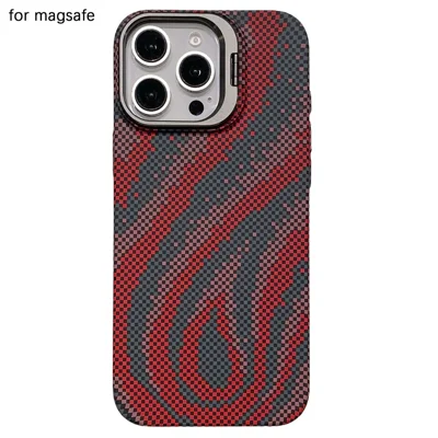 For iPhone 15 Pro Case Compatible with MagSafe Flame Pattern Hard PC Phone Cover with Lens Frame Kickstand - Red