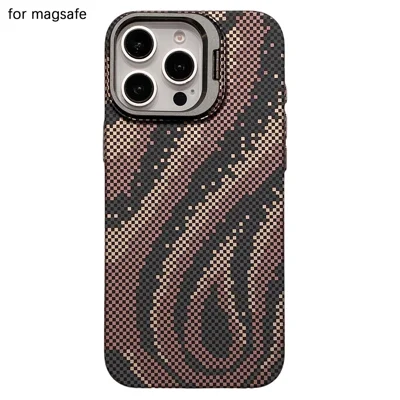 For iPhone 16 Pro Case Compatible with MagSafe Flame Pattern Hard PC Phone Cover with Lens Frame Kickstand - Desert Gold