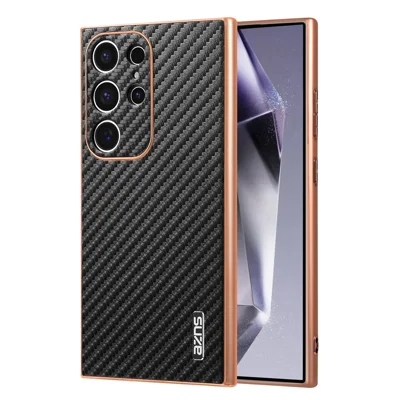 AZNS For Samsung Galaxy S24 Ultra Case Electroplating Carbon Fiber Texture PU+TPU Phone Cover - Black