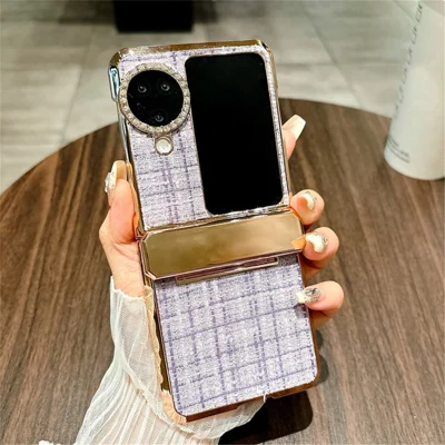 For Oppo Find N3 Flip 5G Case Plaid Texture Rhinestone Decor Hinge Protection PC Phone Cover - Purple
