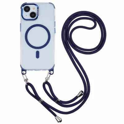 For iPhone 14 Clear Case Compatible with MagSafe Shockproof PC+TPU Phone Cover with 150cm Long Lanyard - Blue