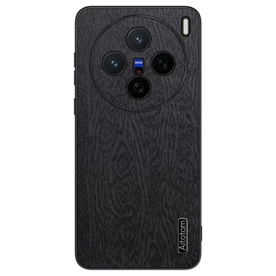 For vivo X200 5G Case Wood Texture PU Leather Coated PC+TPU Phone Cover - Black