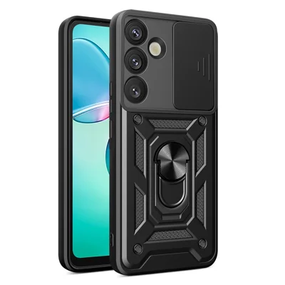 For Samsung Galaxy S25+ Case with Slide Camera Lid PC+TPU Kickstand Phone Cover - Black
