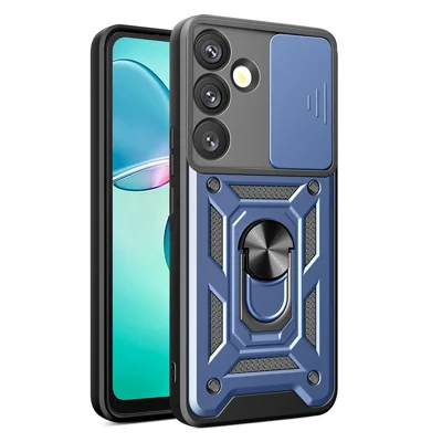 Voor Samsung Galaxy S25 Hoesje met Schuifbare Cameraafdekking PC+TPU Staander Telefoonhoesje - Blauw