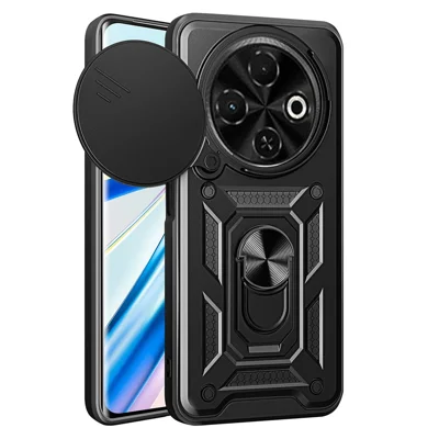 For TECNO Spark 30C 4G Case with Slide Camera Lid PC+TPU Kickstand Phone Cover - Black