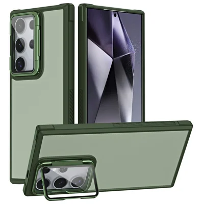 For Samsung Galaxy S24 Ultra Case with Lens Cover Kickstand Skin-Touch PC+TPU Phone Back Cover - Green