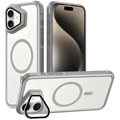 For iPhone 16 Plus Case Compatible with MagSafe Lens Cover Kickstand Matte Back Cover - Grey