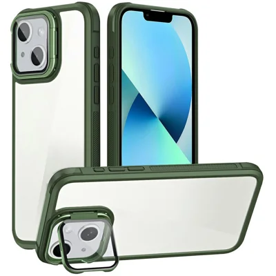 For iPhone 13 Clear Phone Case with Lens Cover Kickstand PC+TPU Back Cover - Green