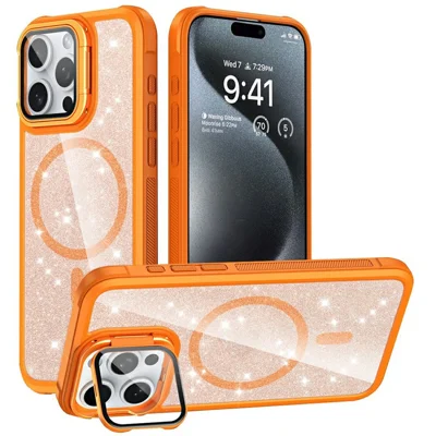 For iPhone 15 Pro Max Glitter Phone Case Compatible with MagSafe Sparkling Cover with Lens Cover Kickstand - Orange
