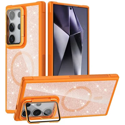 For Samsung Galaxy S24 Ultra Glitter Phone Magnetic Case Sparkling Cover with Lens Cover Kickstand - Orange