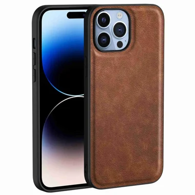 For iPhone 14 Pro Max Retro PU Leather Coated TPU+PC Phone Cover Back Protective Case - Brown