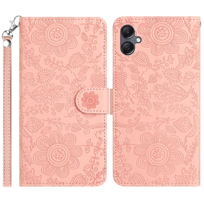 For Samsung Galaxy A06 4G Case Flower Imprint Leather Flip Wallet Phone Cover with Wrist Strap - Pink
