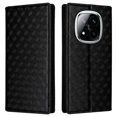 For Xiaomi Note 14 Pro+ 5G / Note 14 Pro 5G / Poco X7 5G Wallet Case Rhombus Imprinted Leather Phone Cover - Black