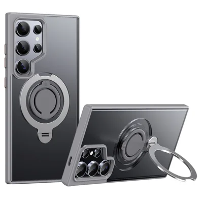 Voor Samsung Galaxy S24 Ultra Hoesje Compatibel met MagSafe Standring Matte PC+TPU Telefoonhoesje met Siliconen Ring - Grijs