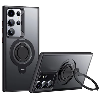 Voor Samsung Galaxy S23 Ultra Hoesje Compatibel met MagSafe Standring Matte PC+TPU Telefoonhoesje met Siliconen Ring - Zwart