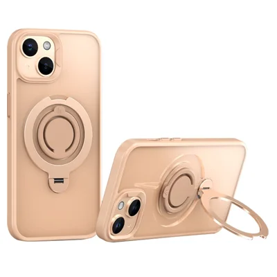 For iPhone 15 Case Compatible with MagSafe Kickstand Matte PC+TPU Phone Cover with Silicone Ring - Gold
