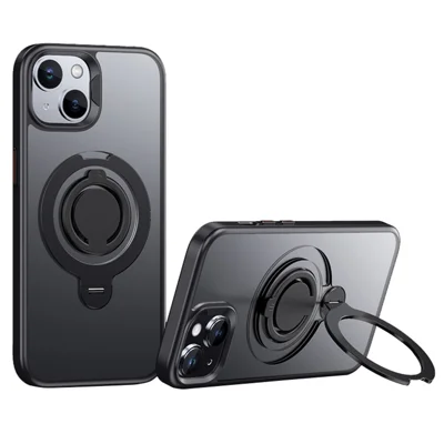Voor iPhone 13 Hoesje Compatibel met MagSafe Standaard Matte PC+TPU Telefoonhoesje met Siliconen Ring - Zwart
