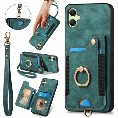 For Samsung Galaxy A06 4G Case RFID Blocking Handbag Leather+TPU Phone Cover Card Slots, Ring Holder - Green