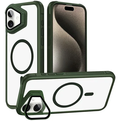 For iPhone 16 Plus Clear Phone Case Compatible with MagSafe Back Cover with Lens Cover Kickstand - Green