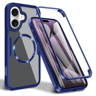 For iPhone 16 Case Compatible with MagSafe CD Vein PC+TPU+Acrylic Full Protection Phone Cover - Dark Blue