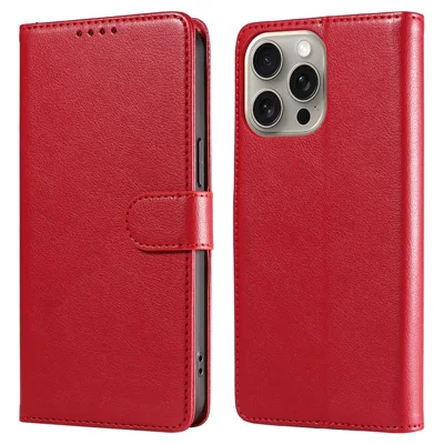 For iPhone 14 Pro Leather Case Litchi Texture RFID Blocking Wallet Stand Phone Cover - Wine Red