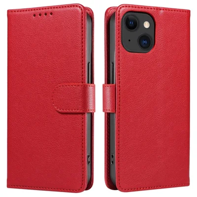 For iPhone 14 Plus Leather Case Litchi Texture RFID Blocking Wallet Stand Phone Cover - Wine Red