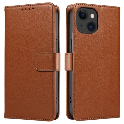 For iPhone 15 Plus Leather Case Litchi Texture RFID Blocking Wallet Stand Phone Cover - Brown