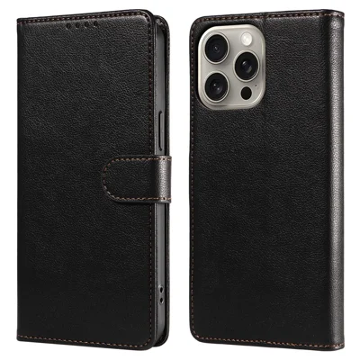 For iPhone 15 Pro Leather Case Litchi Texture RFID Blocking Wallet Stand Phone Cover - Black