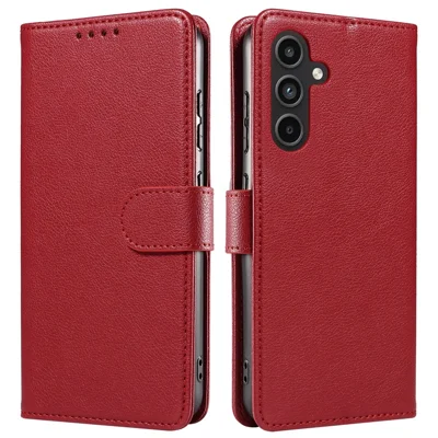 For Samsung Galaxy S23 FE Leather Case Litchi Texture RFID Blocking Wallet Stand Phone Cover - Wine Red