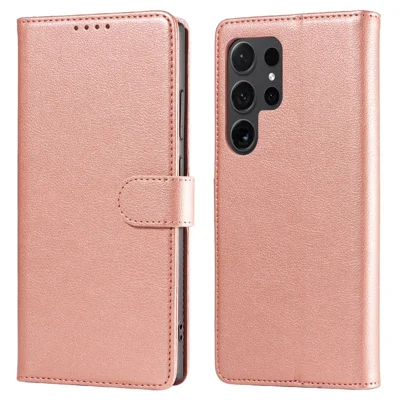 For Samsung Galaxy S24 Ultra Leather Case Litchi Texture RFID Blocking Wallet Stand Phone Cover - Rose Gold