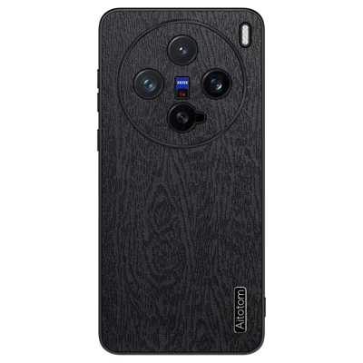 For vivo X200 Pro mini 5G Case Wood Texture PU Leather Coated PC+TPU Phone Cover - Black