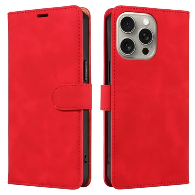 For iPhone 15 Pro Max Case RFID Blocking Wallet Stand Leather Flip Phone Cover with Slim Strap - Red