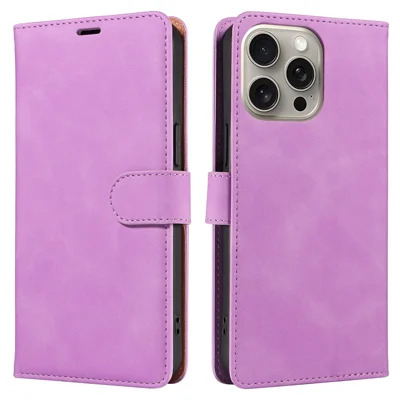 For iPhone 16 Pro Max Case RFID Blocking Wallet Stand Leather Flip Phone Cover with Slim Strap - Purple