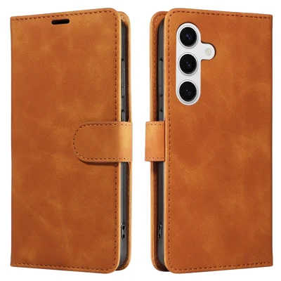 For Samsung Galaxy S24 Case RFID Blocking Wallet Stand Leather Flip Phone Cover with Slim Strap - Brown