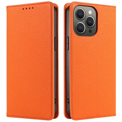 For iPhone 15 Pro Case RFID Blocking Strong Magnetic Leather Wallet Phone Cover - Orange