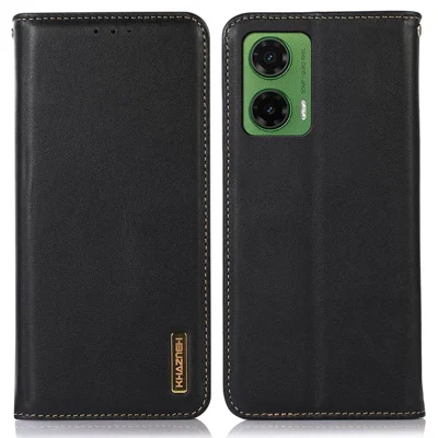 KHAZNEH For Motorola Moto G35 5G Case Genuine Cow Leather Wallet Phone Cover Nappa Texture - Black