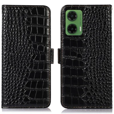 For Motorola Moto G35 5G Case Crocodile Texture Genuine Cow Leather Phone Wallet Cover - Black
