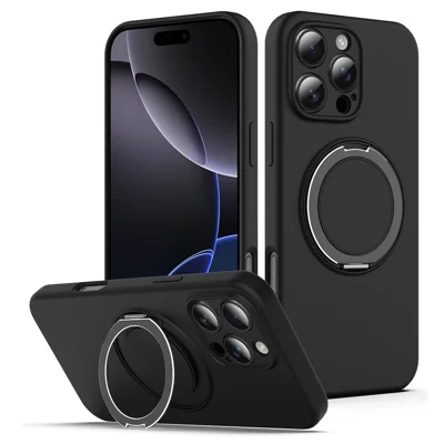 For iPhone 16 Pro Max Case Compatible with MagSafe Rotating Metal Kickstand PC + Silicone Phone Cover - Black