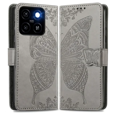For ZTE Blade A55 Case PU Leather Wallet Phone Cover Butterfly Pattern - Grey