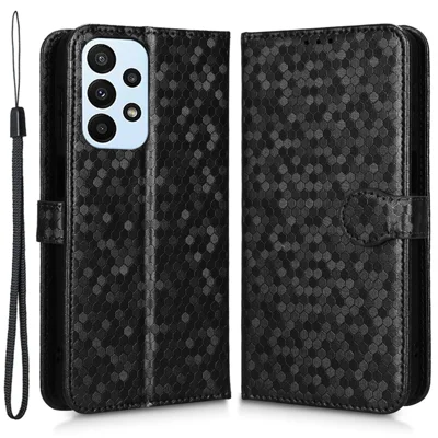 Für Samsung Galaxy A23 4G / 5G (Global Version) PU-Leder-Flip-Handyhülle mit Punkt-Muster, Geldbörse, verstellbarem Ständer und Magnetverschluss mit Gurt – Schwarz