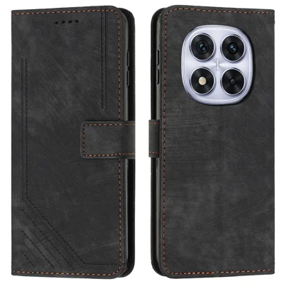 For Xiaomi Redmi Note 14 Pro+ 5G / Note 14 Pro 5G / Poco X7 5G Case Imprinted Lines Leather Phone Cover Folding Stand - Black