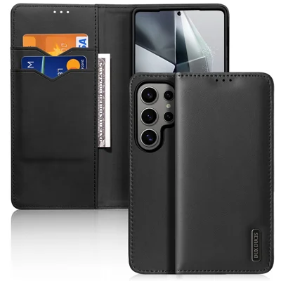 DUX DUCIS Hivo-serie voor Samsung Galaxy S25 Ultra hoesje van koeienleer, RFID-blokkering, portemonnee met standaard, omslaghoes - Zwart
