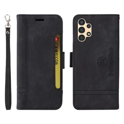 BETOPNICE 001 For Samsung Galaxy A13 4G / A13 5G / A04 4G (164.4mm) / A04s 4G (164.7mm) / M13 5G PU Leather Cover Stitching Line with Strap - Black