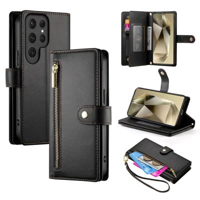 DF-011 For Samsung Galaxy S25 Ultra Case Zipper Pocket Wallet Leather Phone Cover with Straps - Black