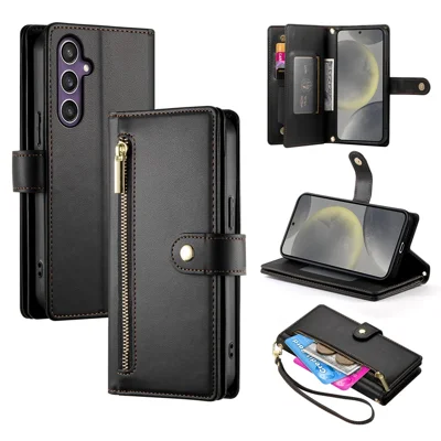 DF-011 For Samsung Galaxy S25 Case Zipper Pocket Wallet Leather Phone Cover with Straps - Black