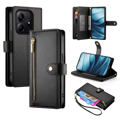 DF-011 Voor Xiaomi Redmi Note 14 5G hoesje met ritsvak portemonnee lederen telefoonhoes met riemen - Zwart