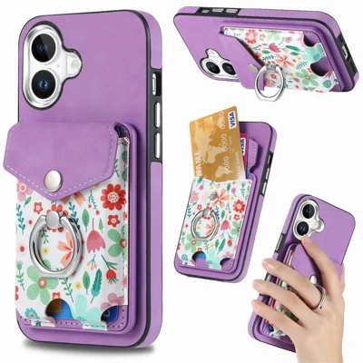 For iPhone 16 Case Compatible with MagSafe Card Bag Leather+TPU Phone Cover - Purple