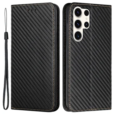 Samsung Galaxy S25 Ultra-hoesje met carbonvezelstructuur, portemonnee- en standaardhoes - Zwart