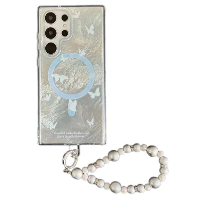 For Samsung Galaxy S24 Ultra Magnetic Case TPU+PC Butterfly Phone Cover with Beaded Strap