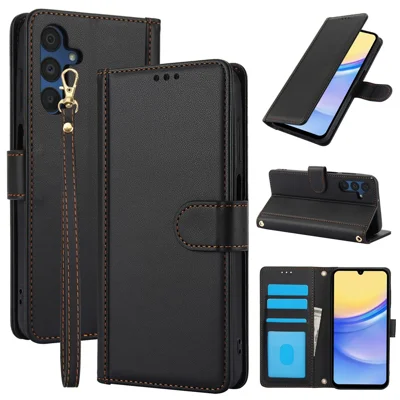 SY-003 For Samsung Galaxy A37 5G / A56 5G / A36 5G Case PU Leather Stand View Phone Wallet Cover with Hand Strap - Black